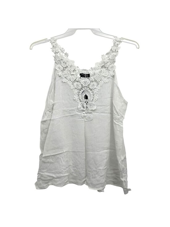 Angela Plus Tops - Angela Plus Womens White Lace Trim Tank Top 1XL Rayon Sleeveless Blouse Crochet
